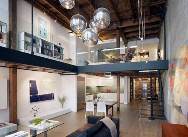 Industrial-style-loft-decor-ideas-exposed-ceiling-beams-modern-lighting